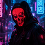 A close-up of a person wearing the Gelrova CyberFace X, the coolest LED Halloween mask with a glowing red skull display on a neon street.