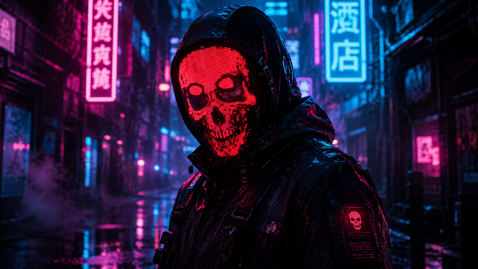 A close-up of a person wearing the Gelrova CyberFace X, the coolest LED Halloween mask with a glowing red skull display on a neon street.