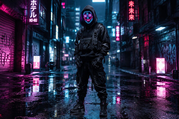 A street style model wearing a dark tech-wear outfit and a cyberpunk mask that lights up with neon glitch art.