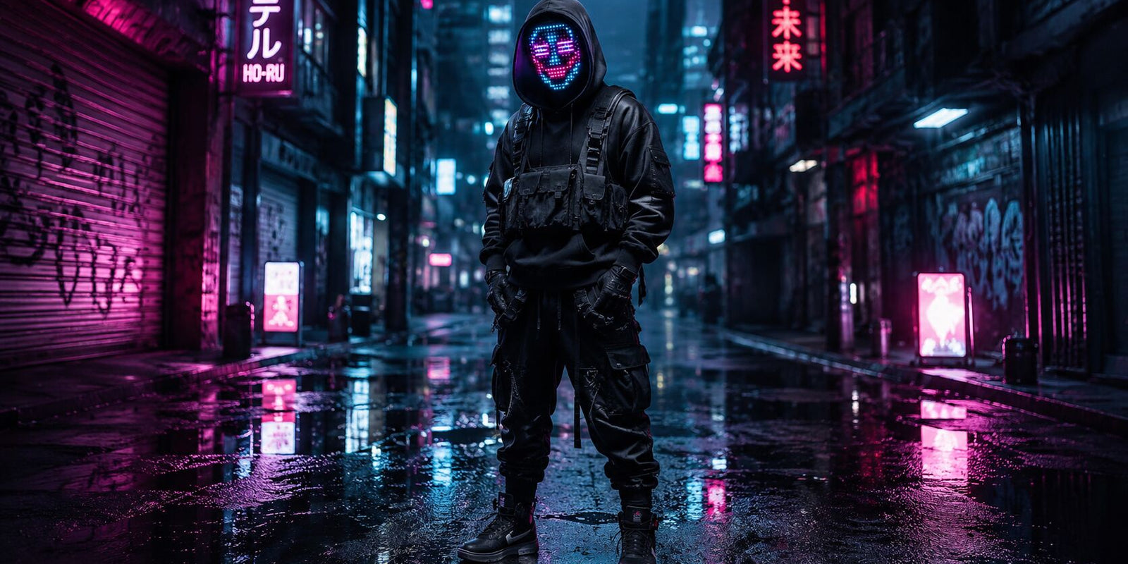 A street style model wearing a dark tech-wear outfit and a cyberpunk mask that lights up with neon glitch art.