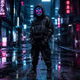 A street style model wearing a dark tech-wear outfit and a cyberpunk mask that lights up with neon glitch art.