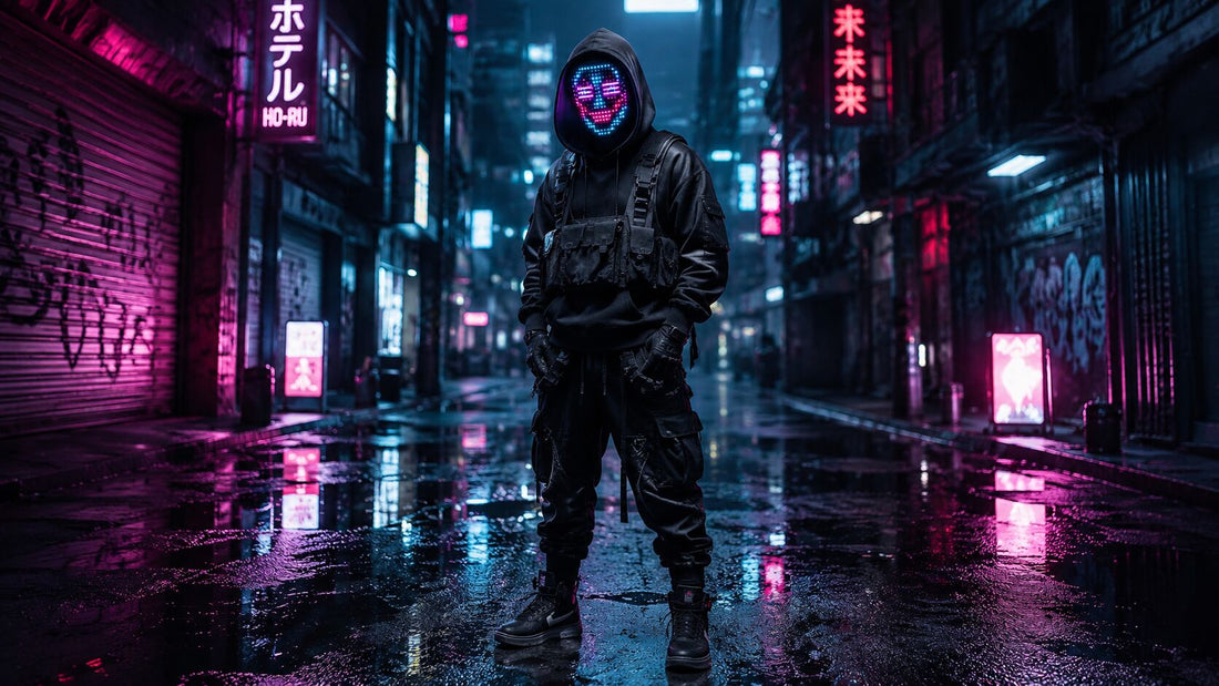 A street style model wearing a dark tech-wear outfit and a cyberpunk mask that lights up with neon glitch art.