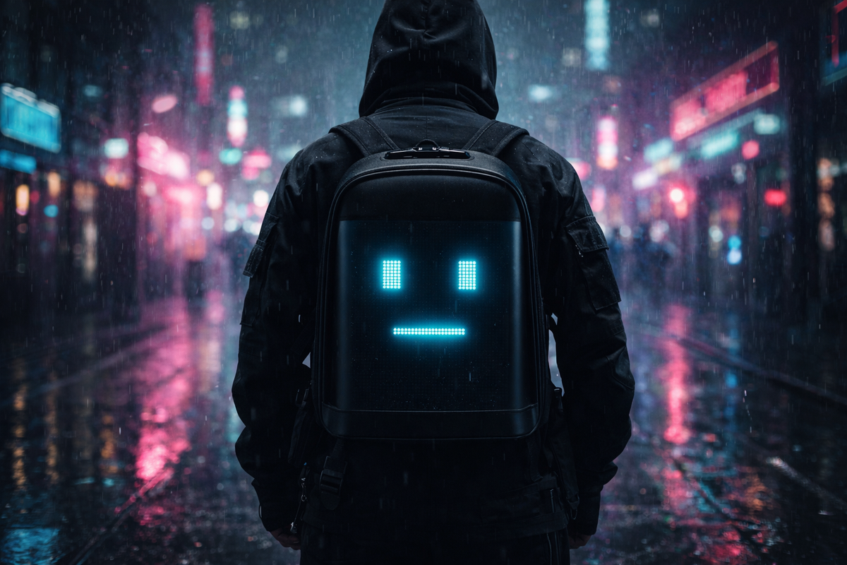 Person wearing a matte black techwear outfit with a programmable LED backpack displaying neon blue pixel art, set against a rainy cyberpunk city background.