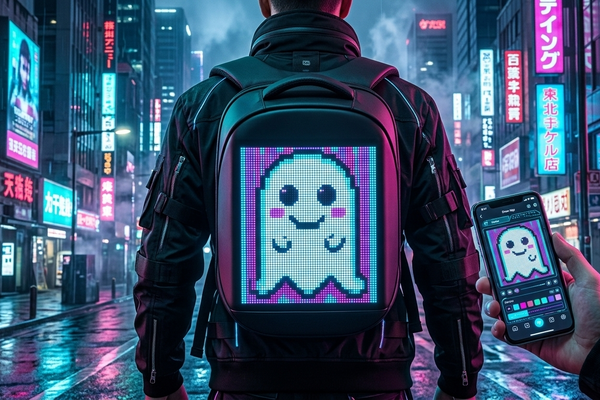 A person using a smartphone app to customize the pixel art screen on their smart LED backpack at night.