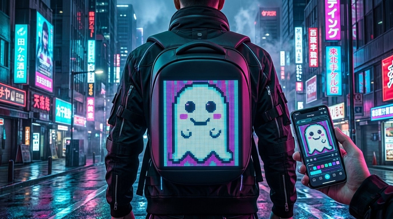 A person using a smartphone app to customize the pixel art screen on their smart LED backpack at night.