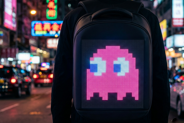 Close-up of a Gelrova LED backpack displaying a bright pixel art design on a night street, highlighting the programmable screen feature.