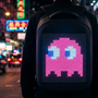 Close-up of a Gelrova LED backpack displaying a bright pixel art design on a night street, highlighting the programmable screen feature.