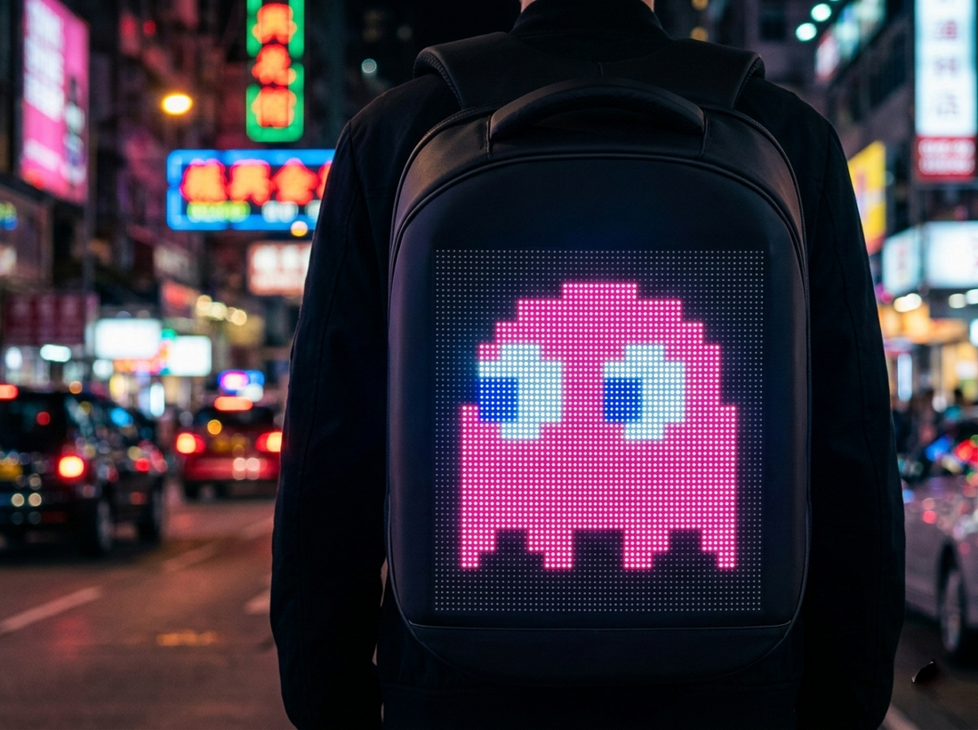 Close-up of a Gelrova LED backpack displaying a bright pixel art design on a night street, highlighting the programmable screen feature.