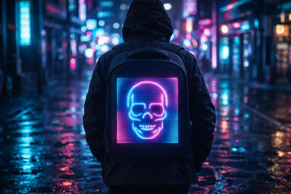 A person walking at night wearing a programmable LED backpack with a glowing neon pixel art screen.