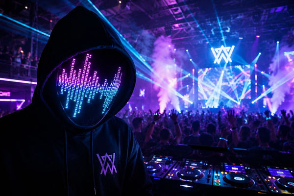 A partygoer at a neon music festival wearing a programmable LED light up mask displaying a music rhythm equalizer.