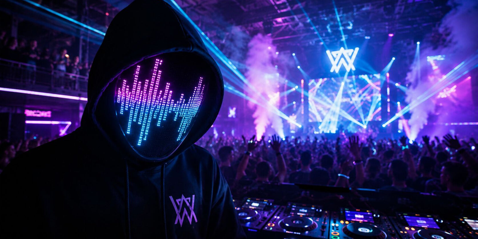 A partygoer at a neon music festival wearing a programmable LED light up mask displaying a music rhythm equalizer.
