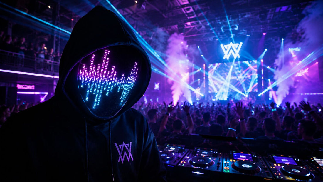 A partygoer at a neon music festival wearing a programmable LED light up mask displaying a music rhythm equalizer.