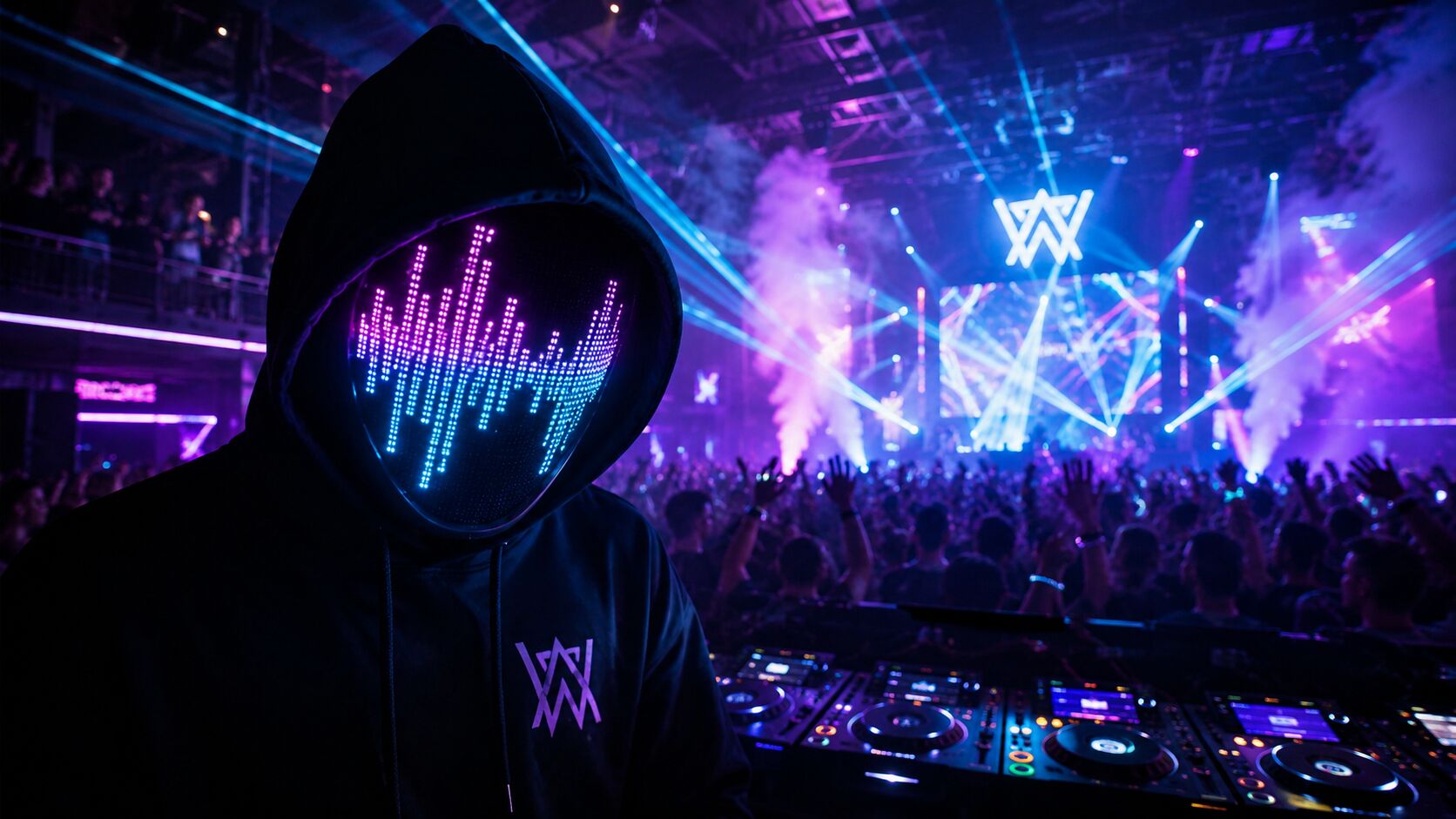A partygoer at a neon music festival wearing a programmable LED light up mask displaying a music rhythm equalizer.