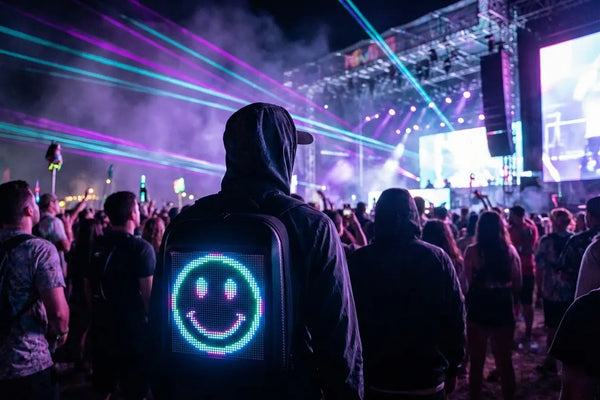 Festival goer wearing a Gelrova LED backpack with a neon pixel smiley face at a night rave, representing essential rave gear.