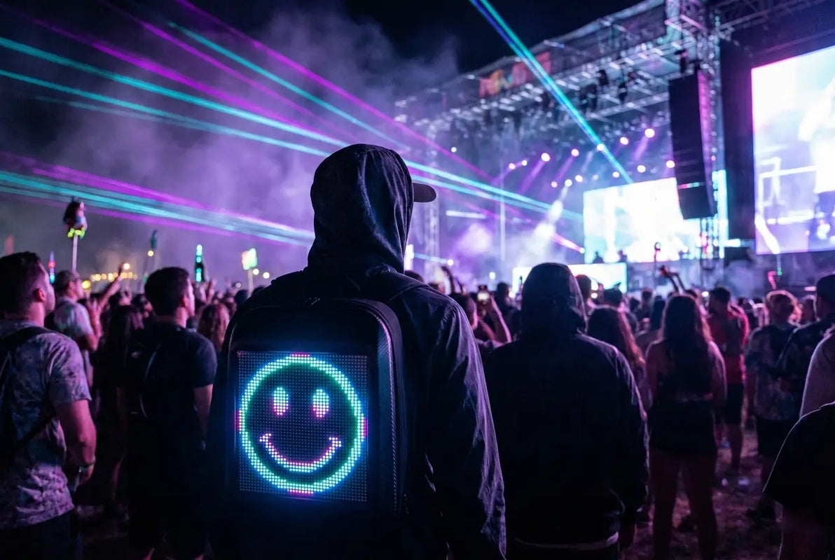 Festival goer wearing a Gelrova LED backpack with a neon pixel smiley face at a night rave, representing essential rave gear.