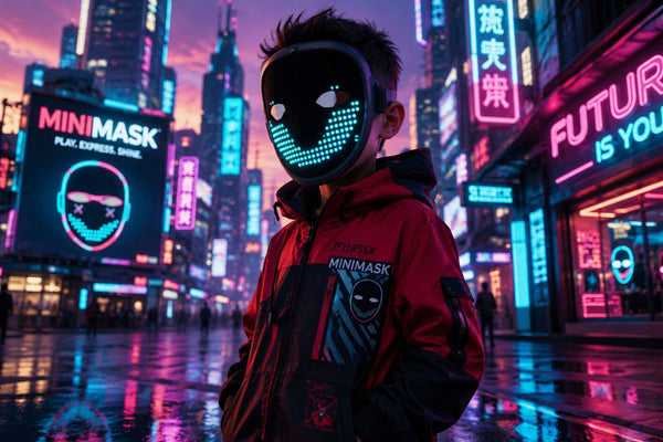 A child wearing the safe Gelrova Mini LED mask that lights up with a glowing cyan smiley face, showcasing the perfect tech gift.