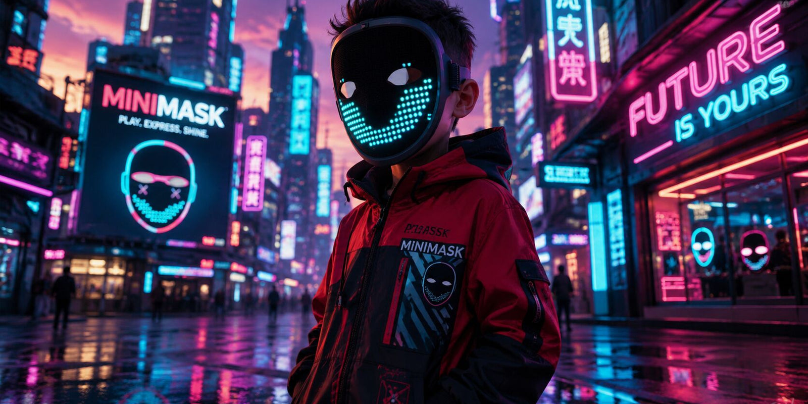 A child wearing the safe Gelrova Mini LED mask that lights up with a glowing cyan smiley face, showcasing the perfect tech gift.