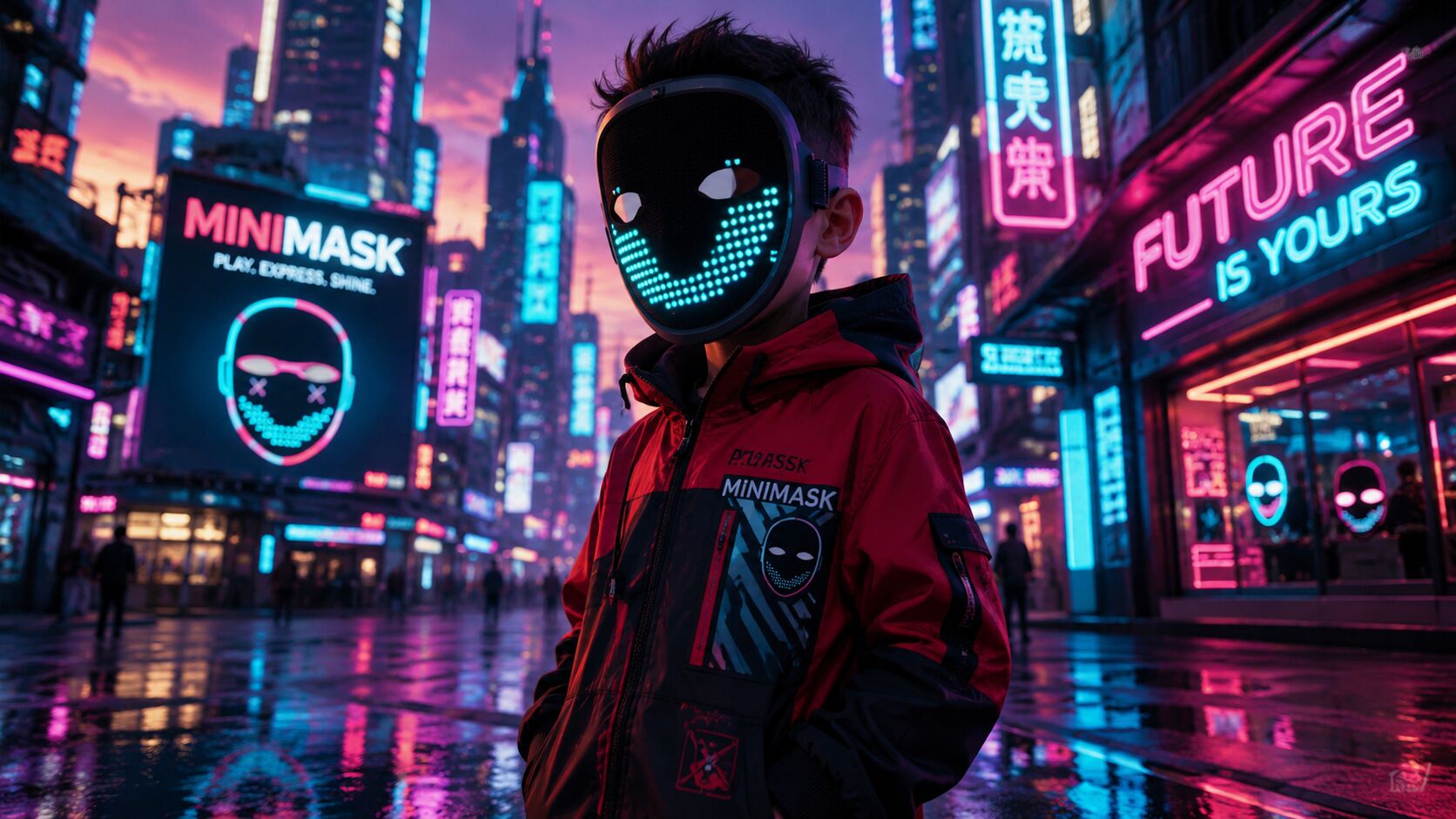 A child wearing the safe Gelrova Mini LED mask that lights up with a glowing cyan smiley face, showcasing the perfect tech gift.
