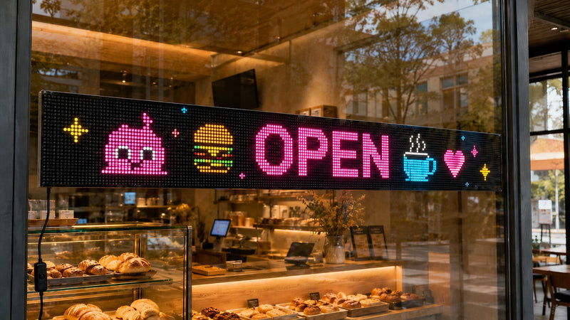 A flexible programmable LED sign attached to a bakery storefront window, displaying bright pixel art and an OPEN message to attract customers.