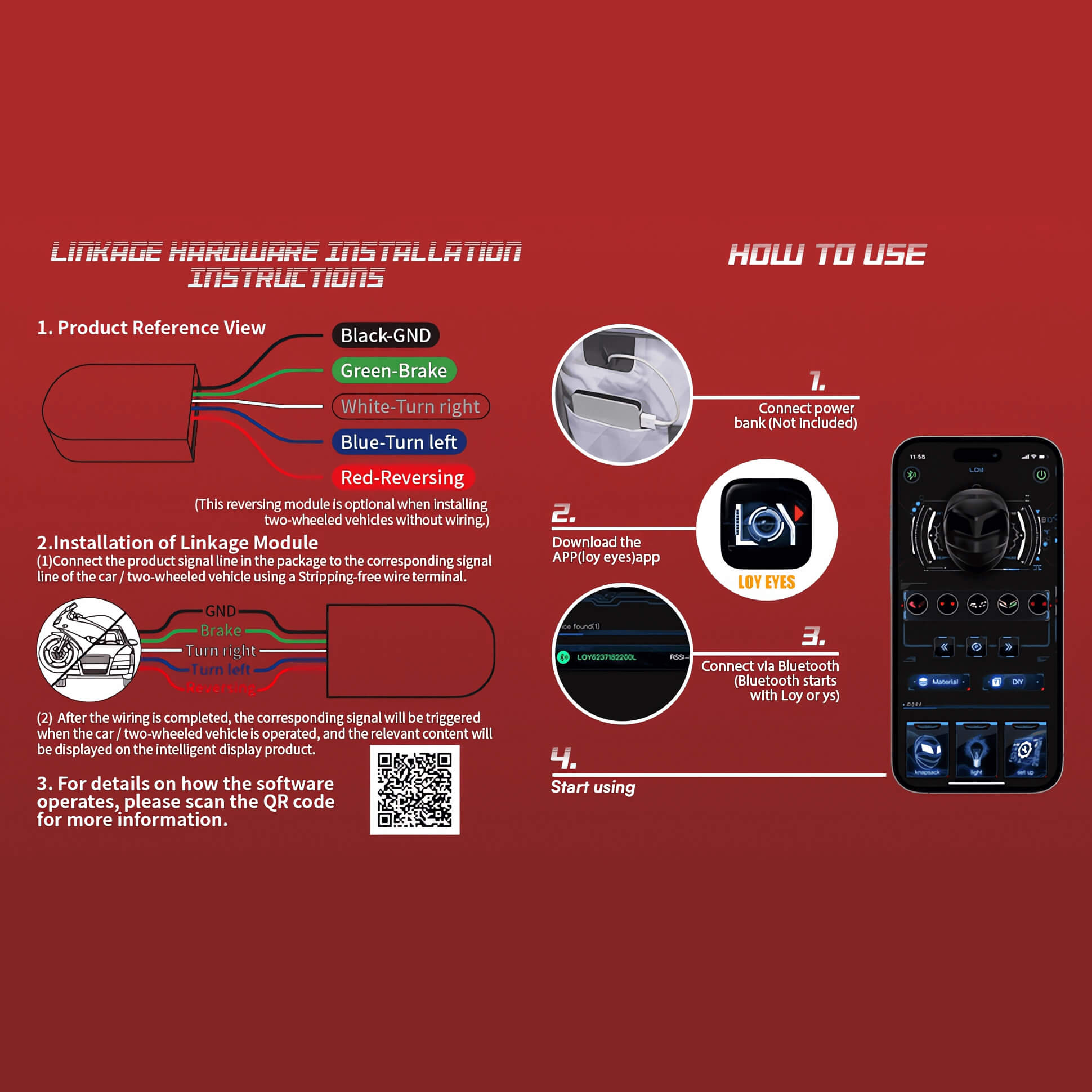 Gelrova Wireless Motorcycle Signal Sync Module installation instructions and app usage guide.