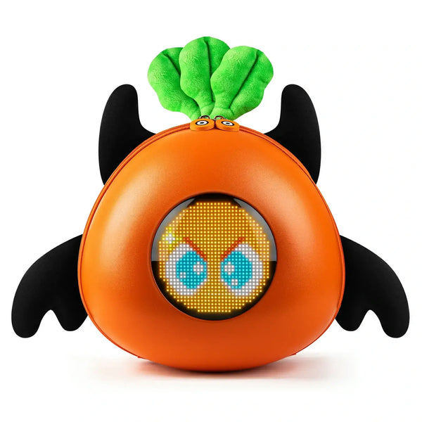 Gelrova Carrot LED Backpack for Kids with cute carrot design and LED screen displaying animated eyes
