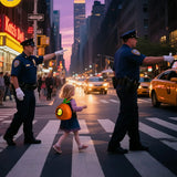 Child wearing Gelrova Carrot LED Backpack for Kids crossing street with police officers at sunset.