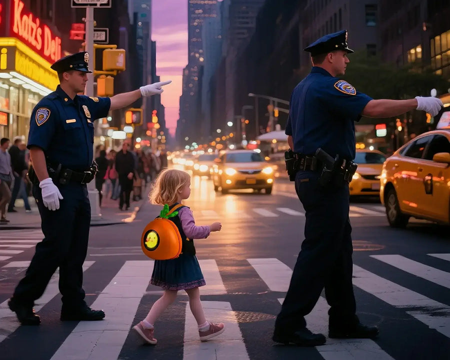 Child wearing Gelrova Carrot LED Backpack for Kids crossing street with police officers at sunset.