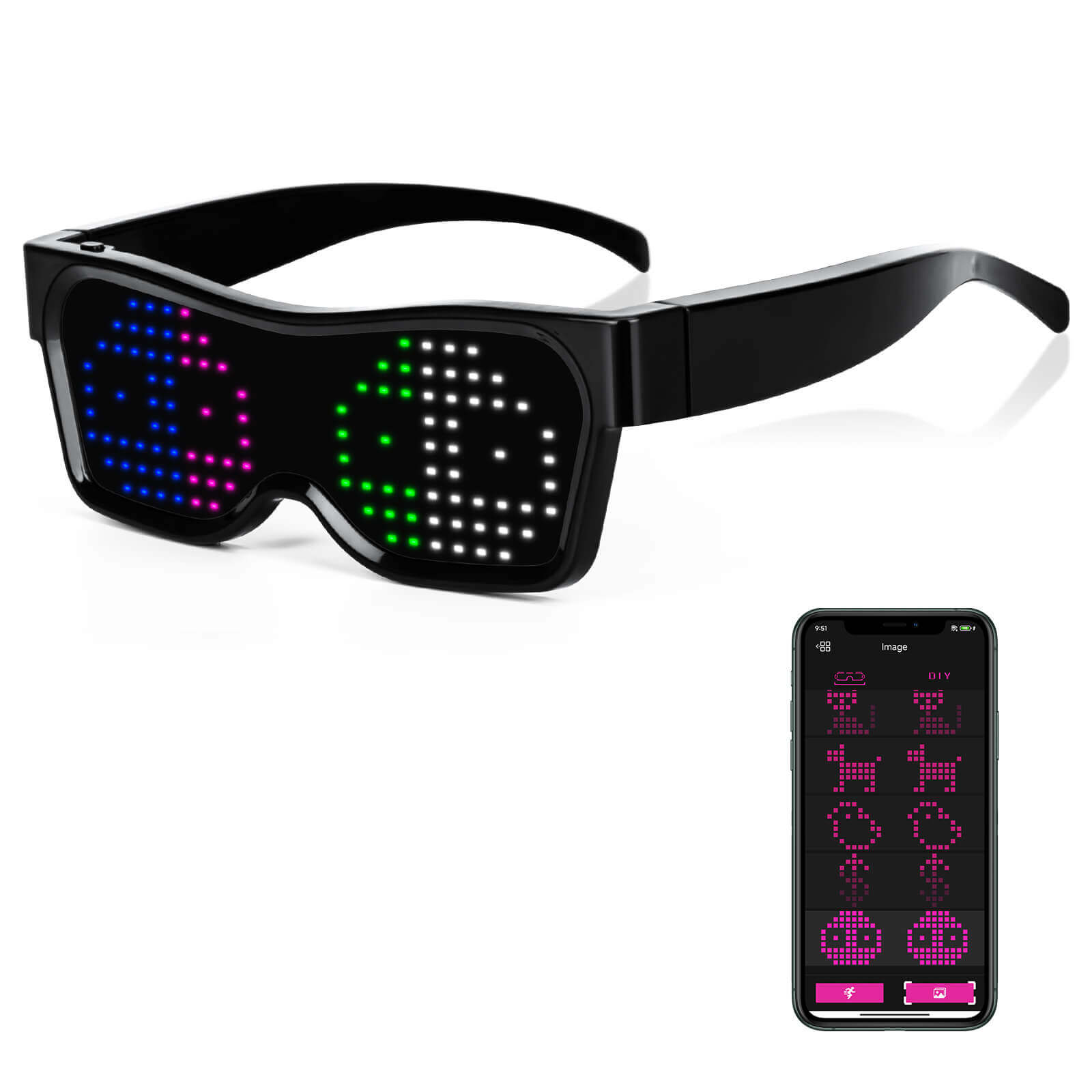 Gelrova customizable LED glasses with colorful display modes, showing smiley face patterns and smartphone application.