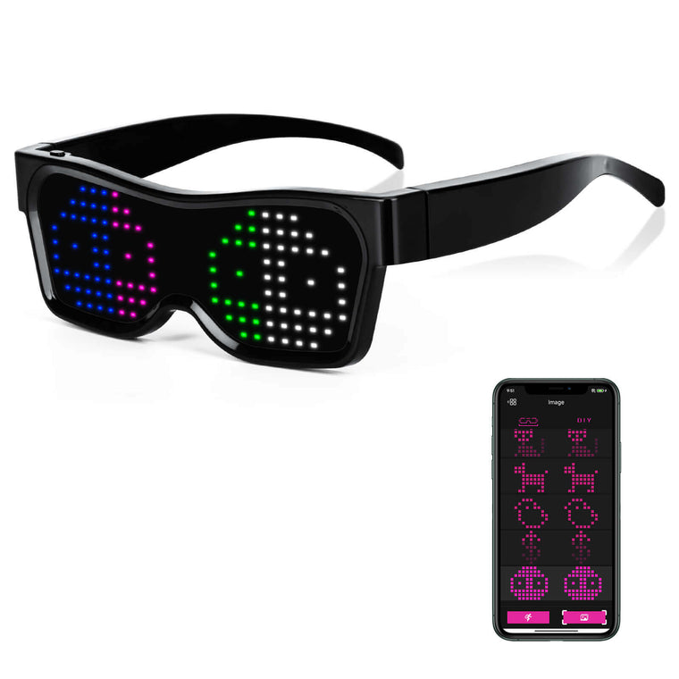 Gelrova customizable LED glasses with colorful display modes, showing smiley face patterns and smartphone application.