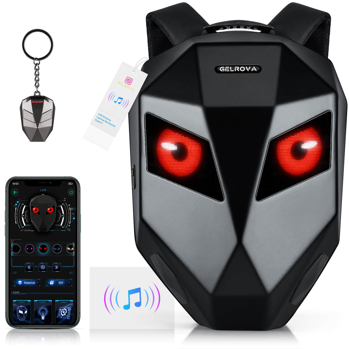 Gelrova LED Motorcycle Backpack - Knight Pro with Speaker 19" featuring programmable eyes, dual speakers, and helmet storage.