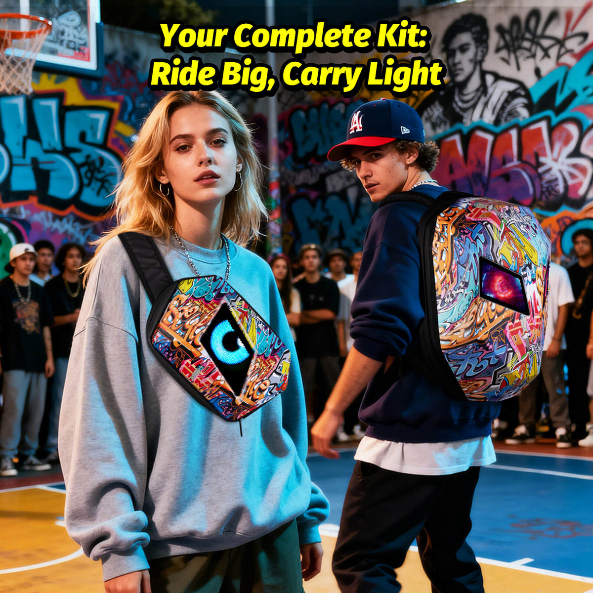 Gelrova LED Motorcycle Backpack Combo – Knight Backpack & Devil Eye Crossbody Bag in vibrant urban setting.