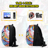 Gelrova LED Motorcycle Backpack Combo – Knight Backpack & Devil Eye Crossbody Bag showing helmet mode activation with expanded capacity.