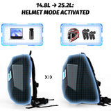 Gelrova LED Motorcycle Backpack Combo – Knight Backpack & Devil Eye Crossbody Bag showing helmet mode activated feature and capacity options.