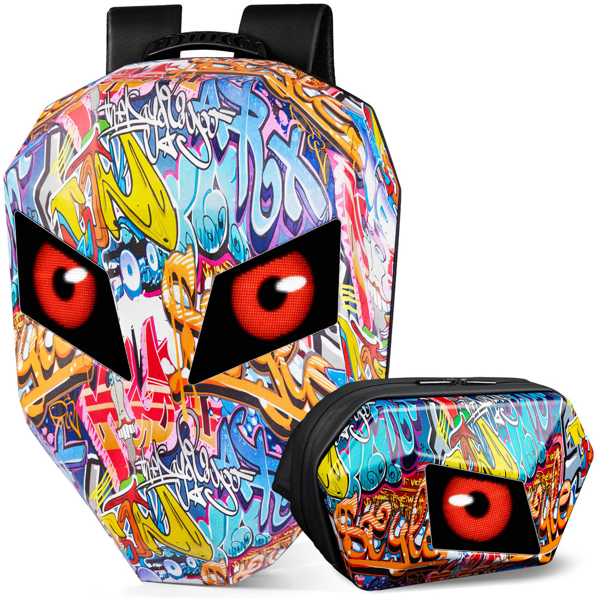 Gelrova LED Motorcycle Backpack Combo – Knight Backpack & Devil Eye Crossbody Bag with colorful graffiti design.