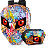 Gelrova LED Motorcycle Backpack Combo – Knight Backpack & Devil Eye Crossbody Bag with colorful graffiti design.