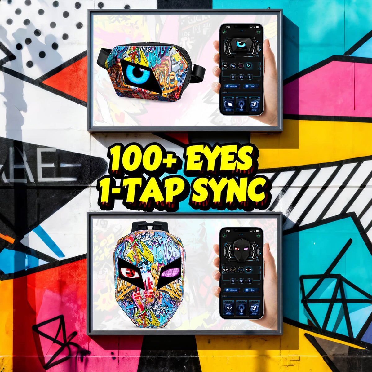 Gelrova LED Motorcycle Backpack Combo – Knight Backpack & Devil Eye Crossbody Bag with 100+ Eyes 1-Tap Sync feature.