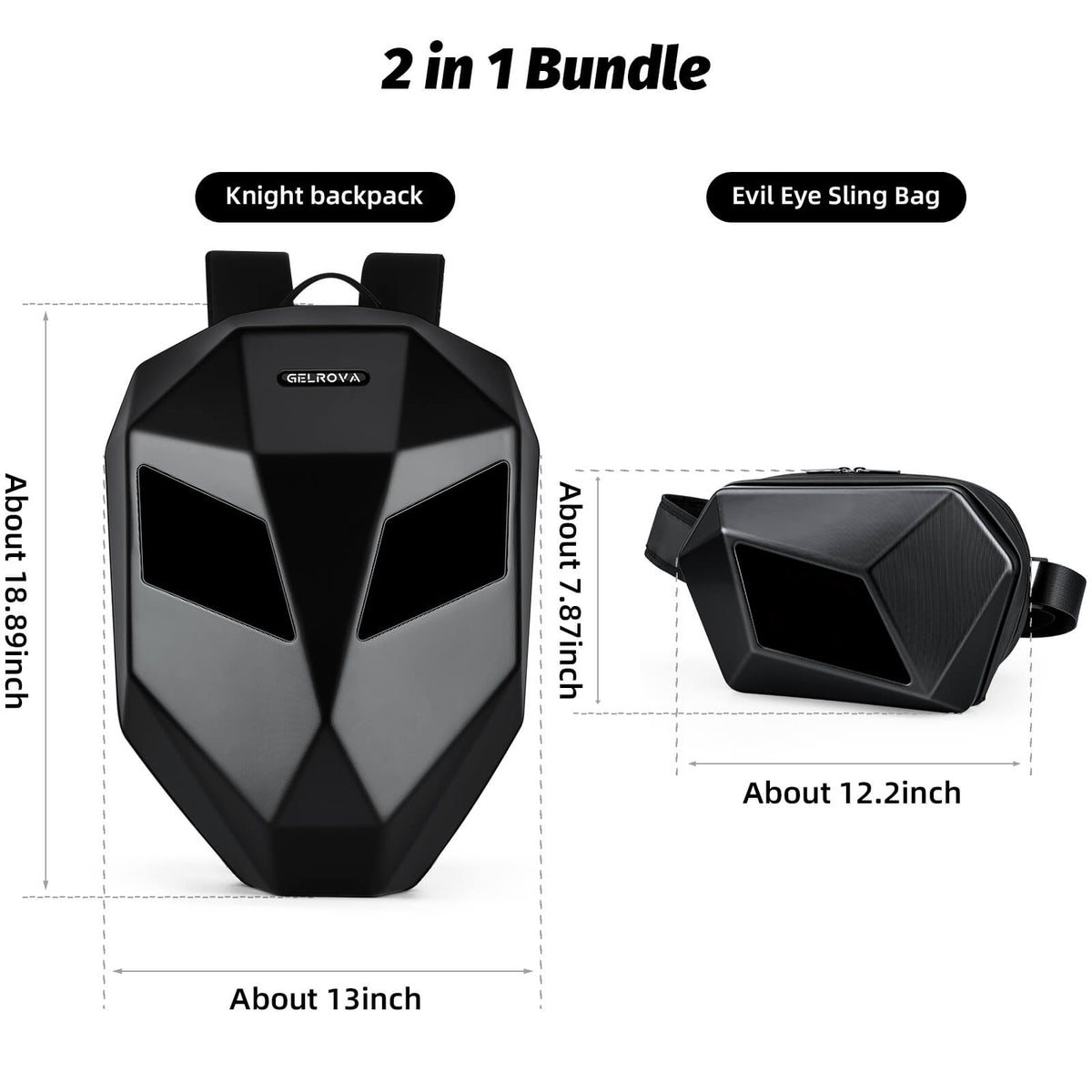 Gelrova LED Motorcycle Backpack Combo – Knight Backpack & Devil Eye Crossbody Bag dimensions and features overview.