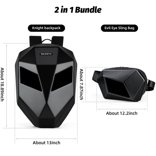 Gelrova LED Motorcycle Backpack Combo – Knight Backpack & Devil Eye Crossbody Bag dimensions and features overview.