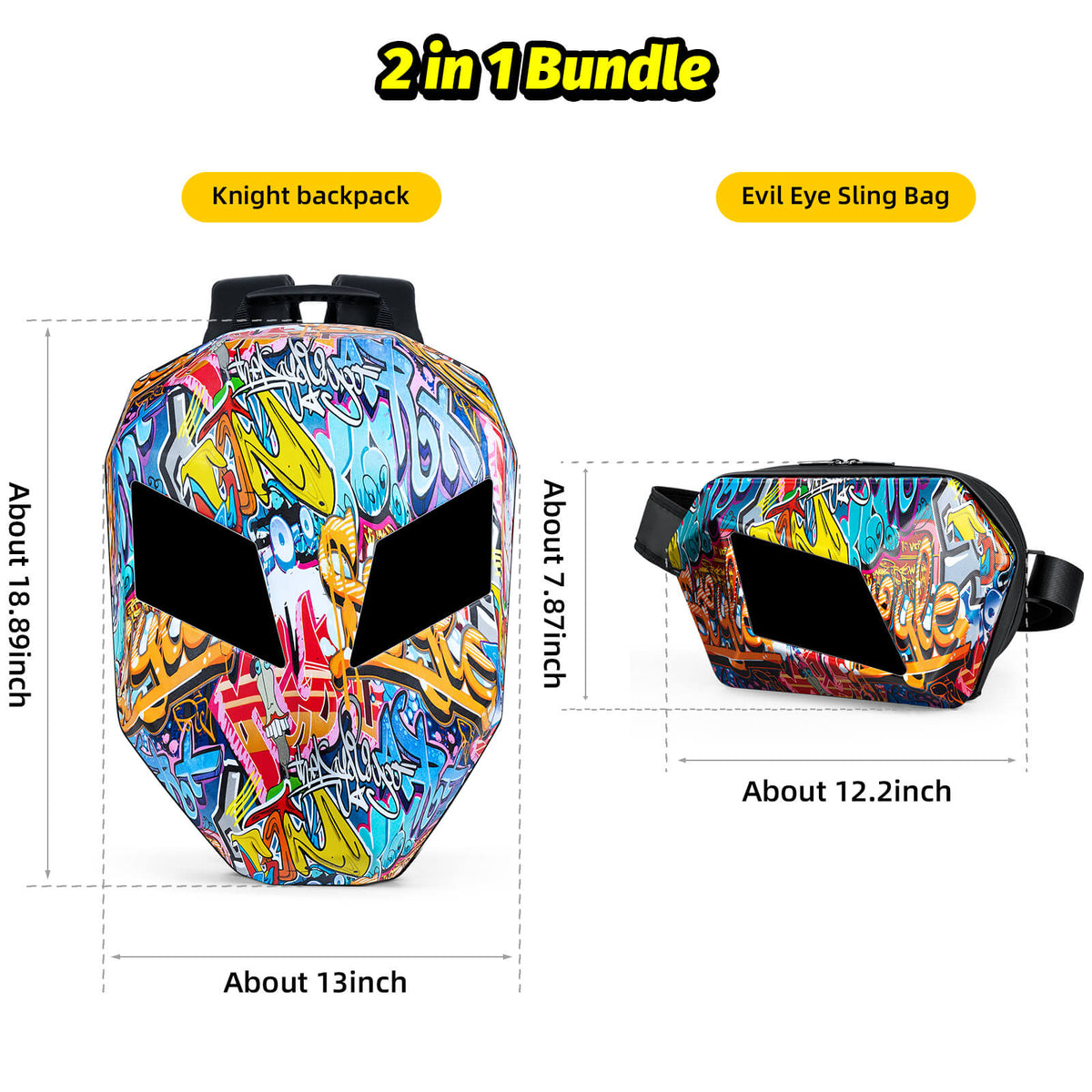 Gelrova LED Motorcycle Backpack Combo – Knight Backpack & Devil Eye Crossbody Bag showcasing 2-in-1 bundle with dimensions.