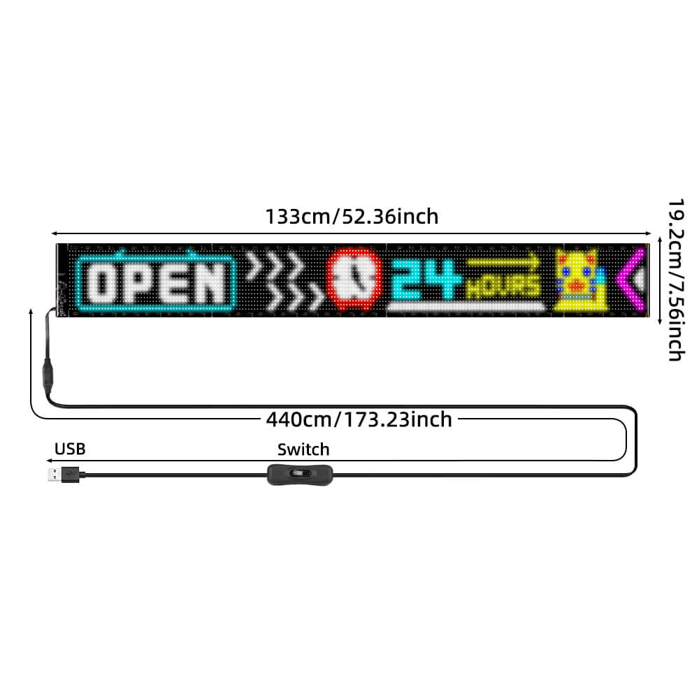 Gelrova Programmable LED Sign – 52"x7.5" Scrolling Display showcasing vibrant "OPEN 24 HOURS" messages.