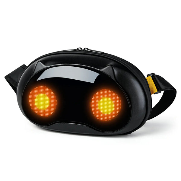 Gelrova LED Crossbody Bag in black with animated orange LED eyes for stylish urban utility.
