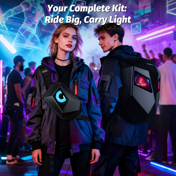 Gelrova LED Motorcycle Backpack Combo – Knight Backpack & Devil Eye Crossbody Bag showcased by models in an urban setting.