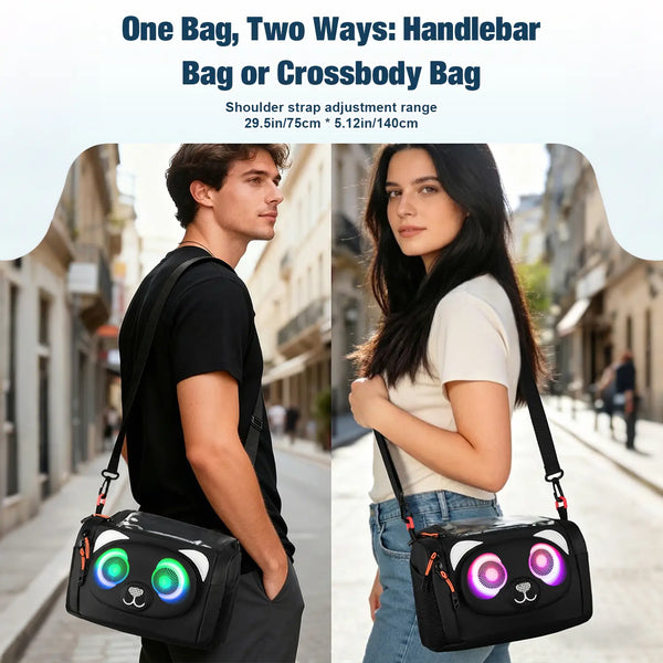 Versatile 2-in-1 design showing the Gelrova bike bag worn as a stylish crossbody bag by a man and a woman in the city.