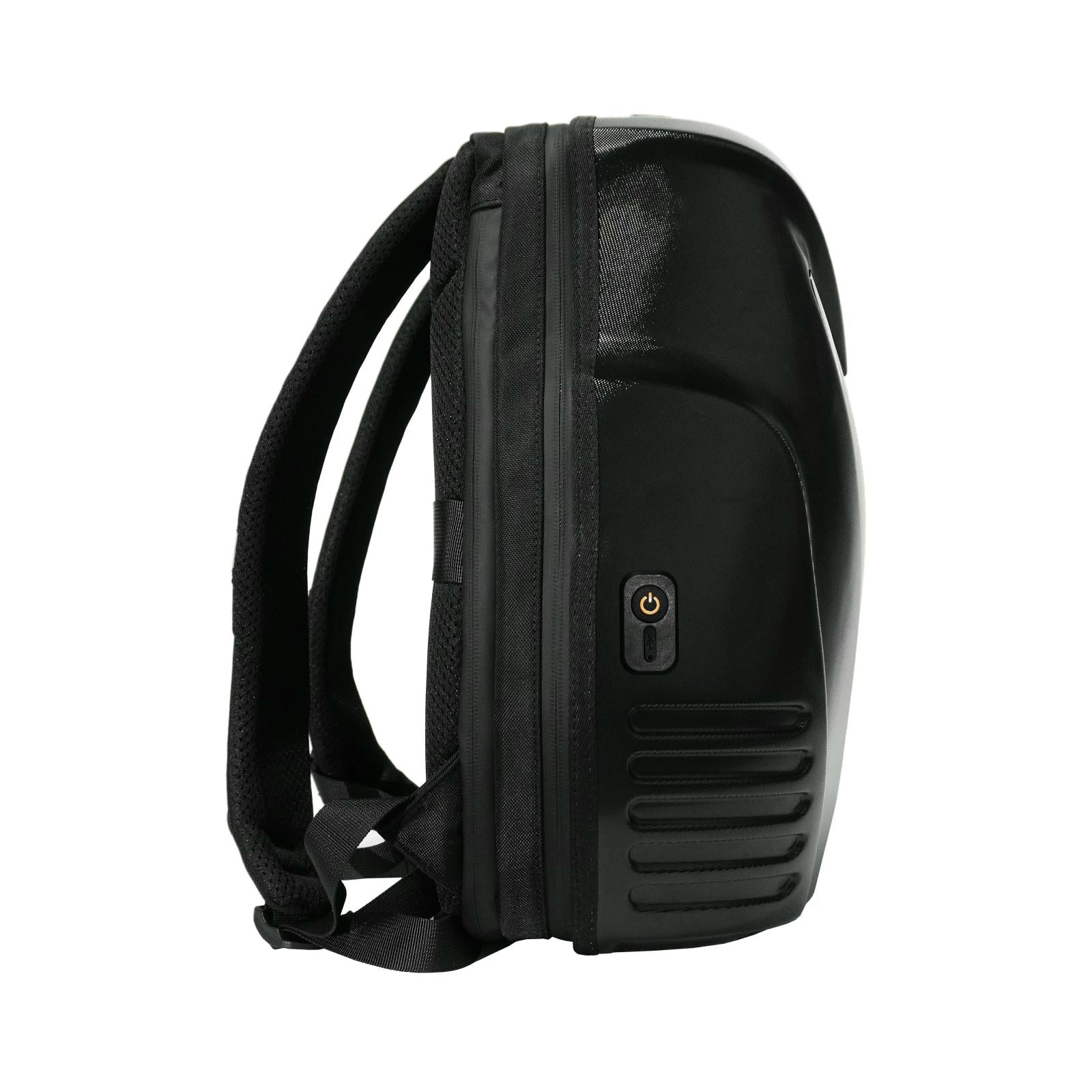 Gelrova Owl Eyes LED Motorcycle Backpack side view showcasing its sleek design and LED power button.