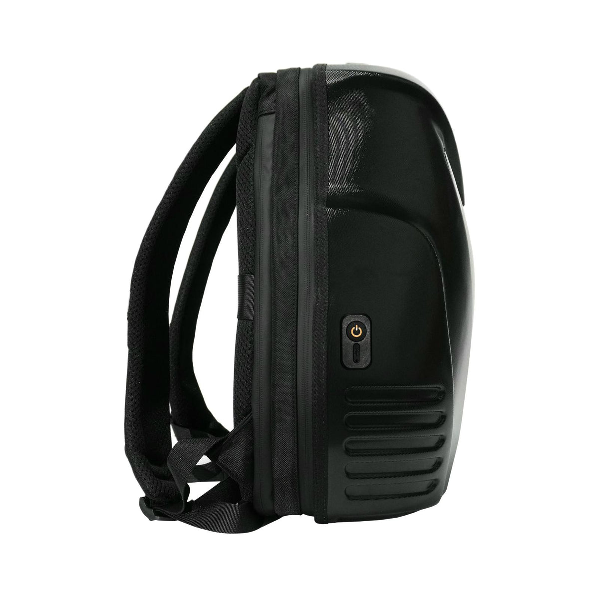 Gelrova Owl Eyes LED Motorcycle Backpack side view showcasing its sleek design and LED power button.