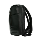 Side view of Gelrova Owl Eyes LED Motorcycle Backpack showcasing sleek black hard-shell design.