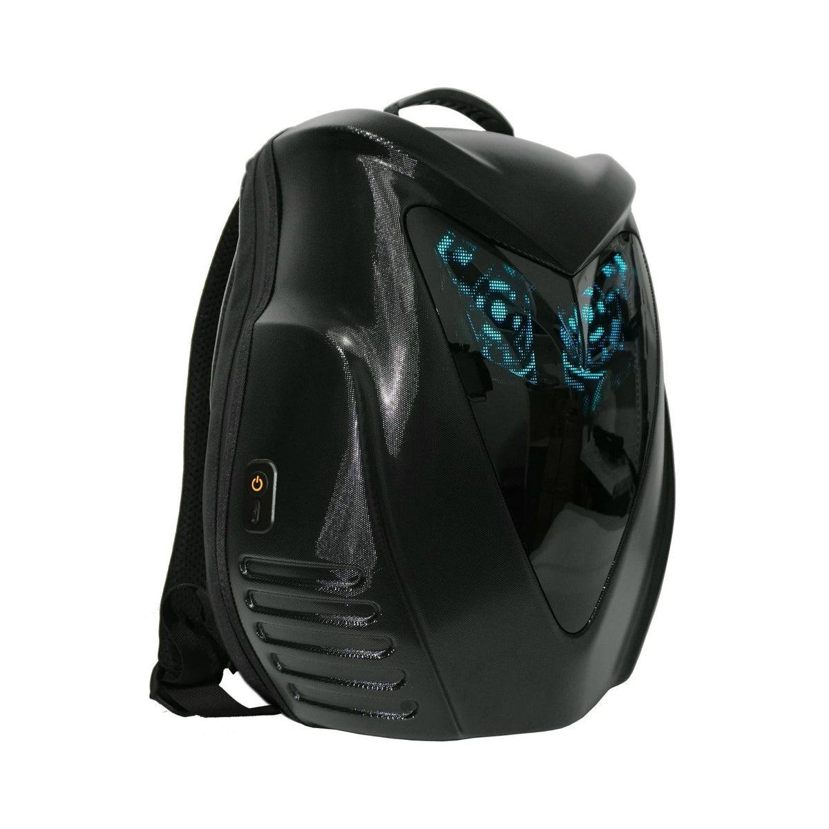 Gelrova Owl Eyes LED Motorcycle Backpack showcasing a sleek hard-shell design and dynamic LED owl eye display.