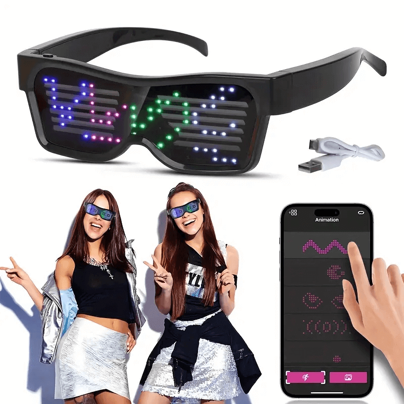 Gelrova customizable LED glasses showcasing vibrant display modes with two models and a smartphone app for control.