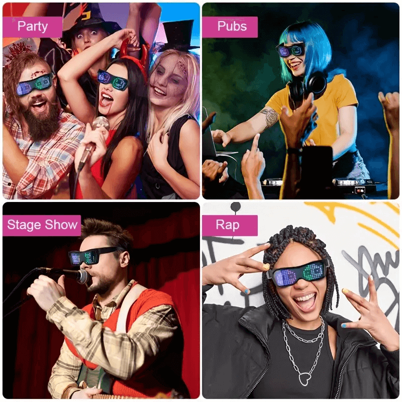 Gelrova customizable LED glasses displayed at a party, pub, stage show, and rap event in vibrant colors.