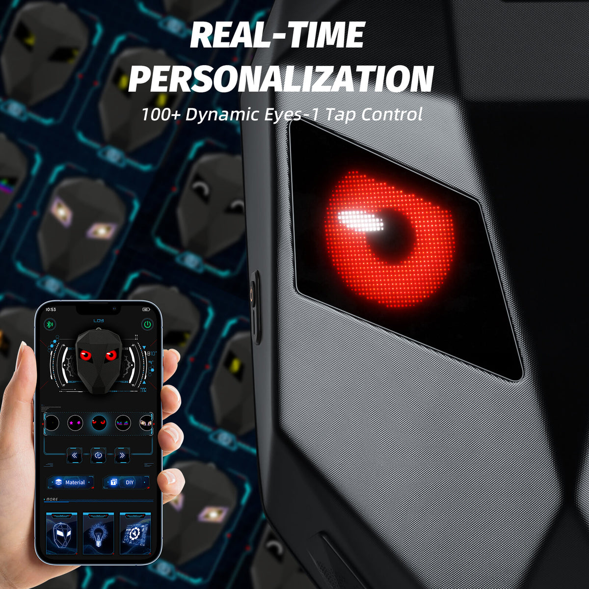 Gelrova LED Motorcycle Backpack - Knight Pro with Speaker 19" showcasing programmable eyes and smartphone control interface.